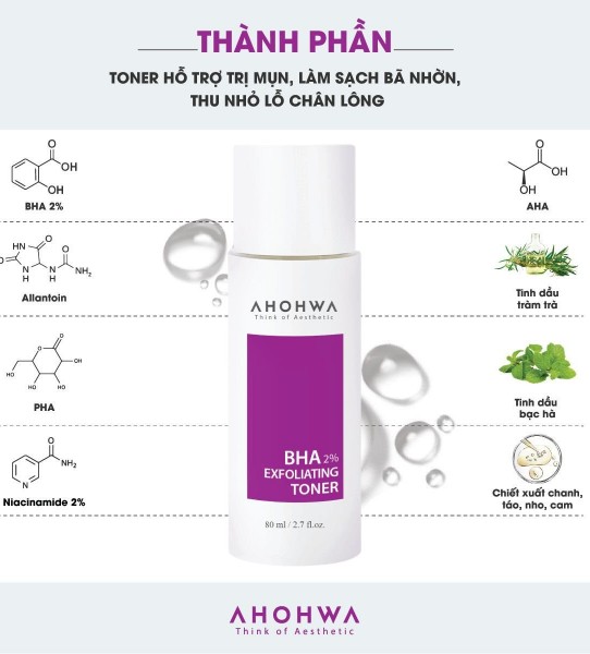 Toner Hỗ Trợ Kiểm Soát Dầu, Làm Sạch Da, Cải Thiện Lỗ Chân Lông Ahohwa – BHA 2% Exfoliating Toner 80ml