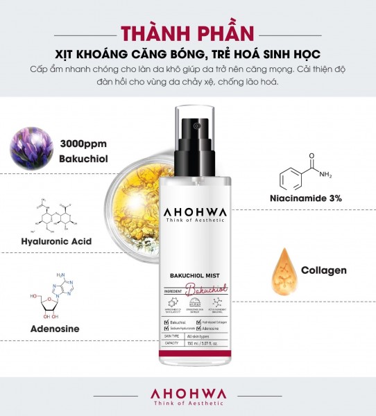 Xịt Khoáng Hỗ Trợ Dưỡng Ẩm, Làm Mịn Da, Căng Bóng Bakuchiol - Ahohwa Bakuchiol Mist 150ml