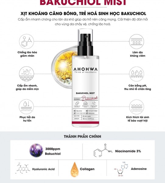 Xịt Khoáng Hỗ Trợ Dưỡng Ẩm, Làm Mịn Da, Căng Bóng Bakuchiol - Ahohwa Bakuchiol Mist 150ml