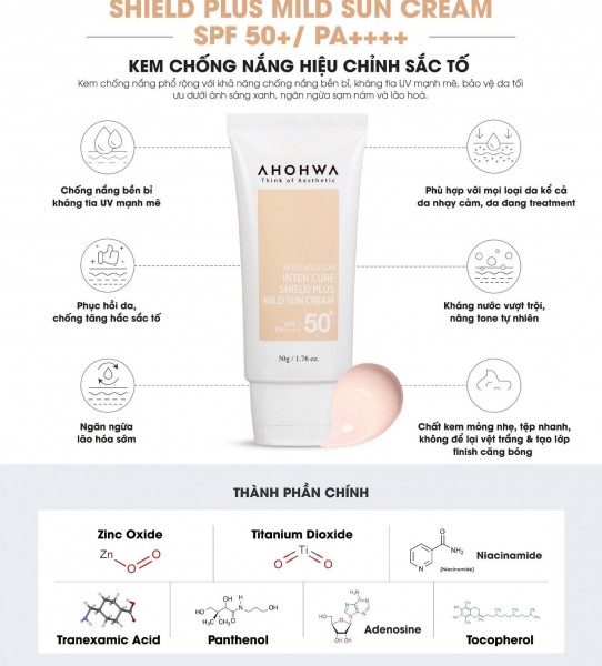 Kem Chống Nắng Hỗ Trợ Bảo Vệ Da, Hiệu Chỉnh Sắc Tố - X5 Bảo Vệ - Ahohwa SPF 50+/PA++++ Inter Cure Shield Plus Mild Sun Cream 50g