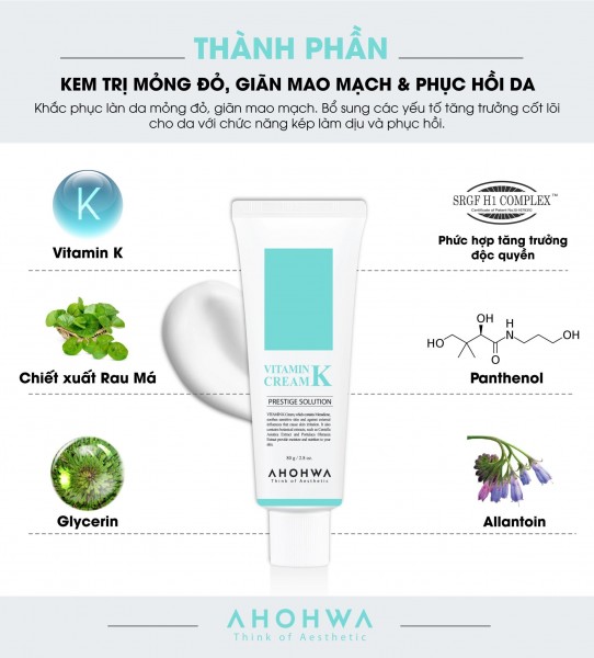 Kem Hỗ Trợ Làm Dịu Da, Giảm Đỏ, Chăm Sóc Da Yếu Sau Corticoid - Ahohwa Vitamin K Cream 80g