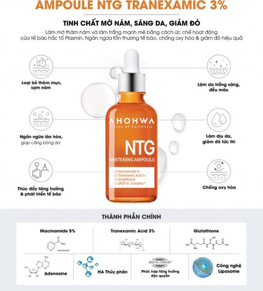 Tinh Chất Hỗ Trợ Làm Sáng Da, Giảm Đỏ, Cân Bằng Sắc Tố - Ahohwa NTG Whitening Ampoule 50ml