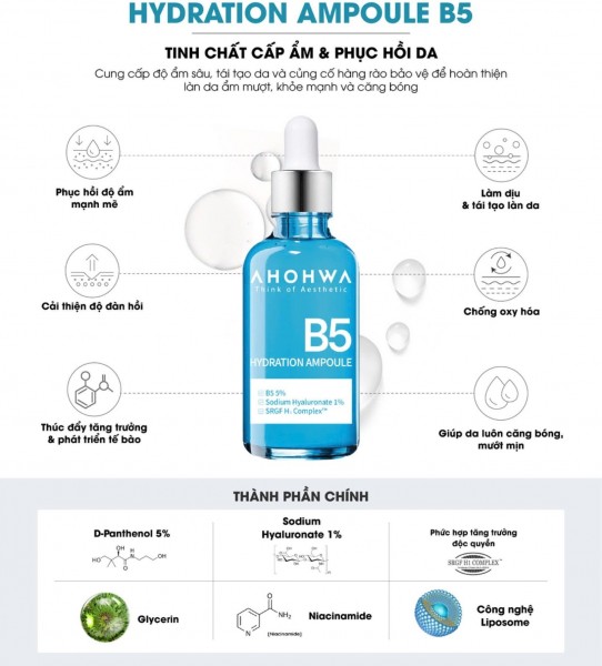 Tinh Chất B5 Hỗ Trợ Cấp Ẩm Và Chăm Sóc Da Khỏe Mạnh - Ahohwa Hydration Ampoule B5 50ml