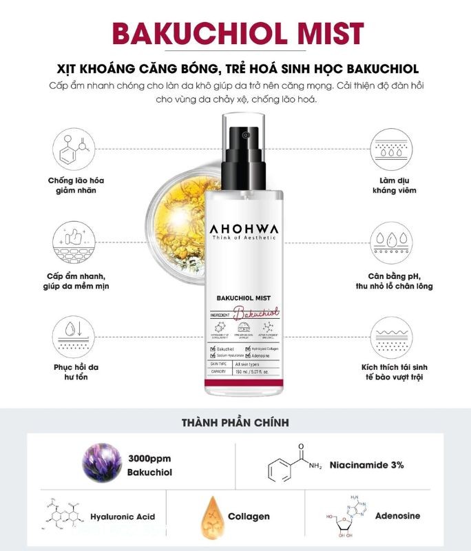 Xịt Khoáng Căng Bóng, Trẻ Hoá Sinh Học Bakuchiol - Ahohwa Bakuchiol Mist 150ml