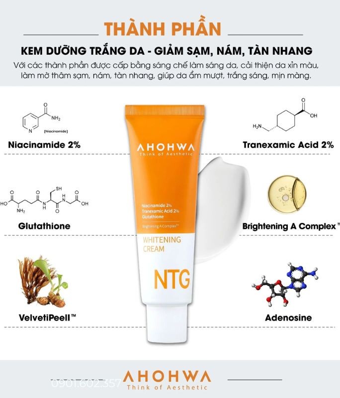 Kem Dưỡng Trắng Da, Giảm Nám Tàn Nhang - Ahohwa NTG Whitening Cream 50ml