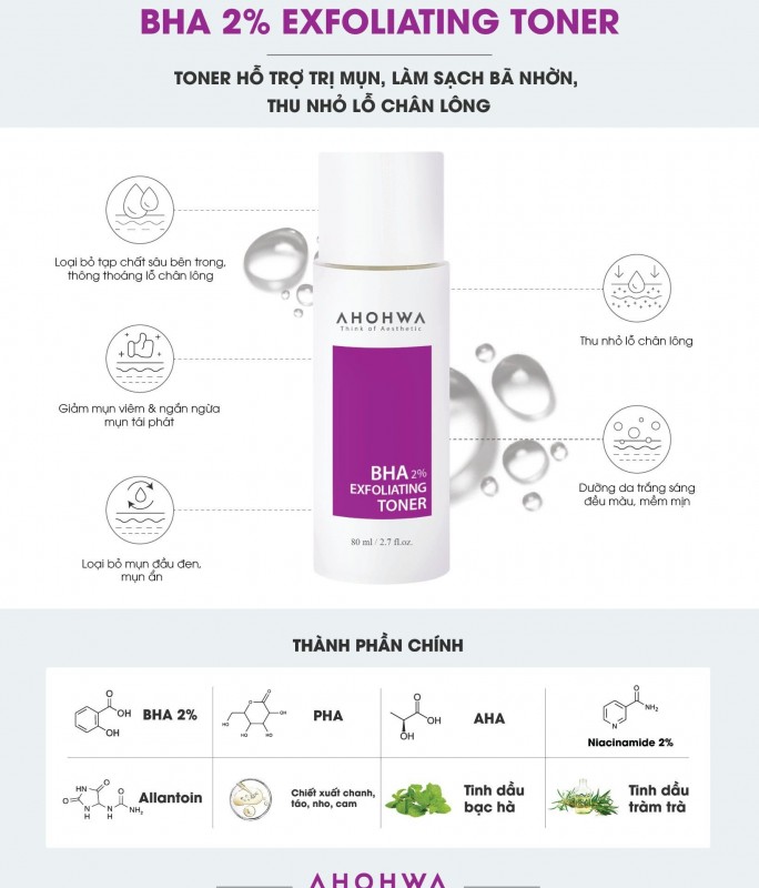Toner Hỗ Trợ Kiểm Soát Dầu, Làm Sạch Da, Cải Thiện Lỗ Chân Lông Ahohwa – BHA 2% Exfoliating Toner 80ml