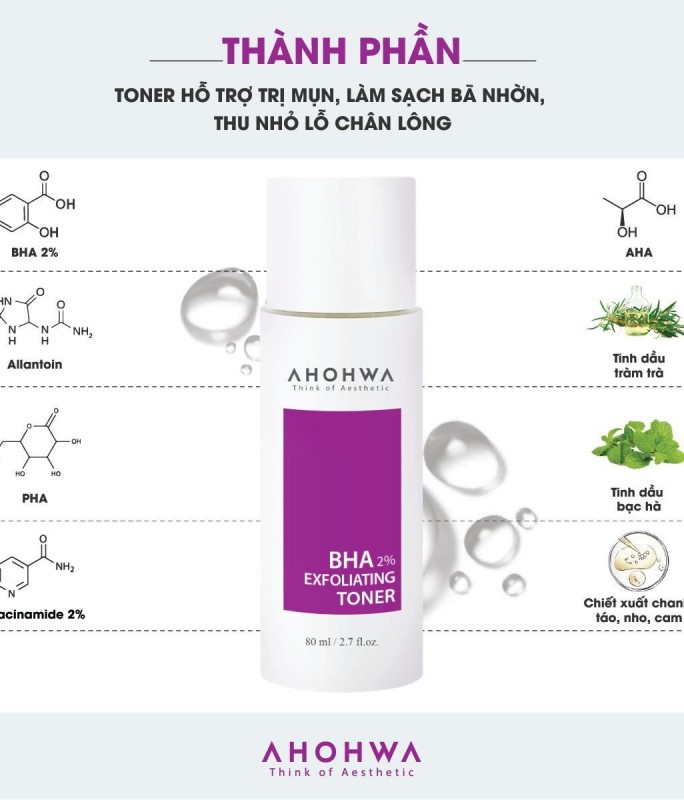 Toner Hỗ Trợ Kiểm Soát Dầu, Làm Sạch Da, Cải Thiện Lỗ Chân Lông Ahohwa – BHA 2% Exfoliating Toner 80ml