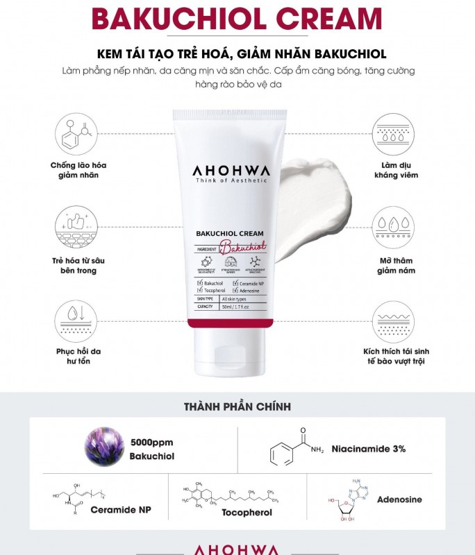 Kem Hỗ Trợ Phục Hồi, Làm Mịn Da, Giảm Nếp Nhăn Bakuchiol Ahohwa - Bakuchiol Cream 50ml