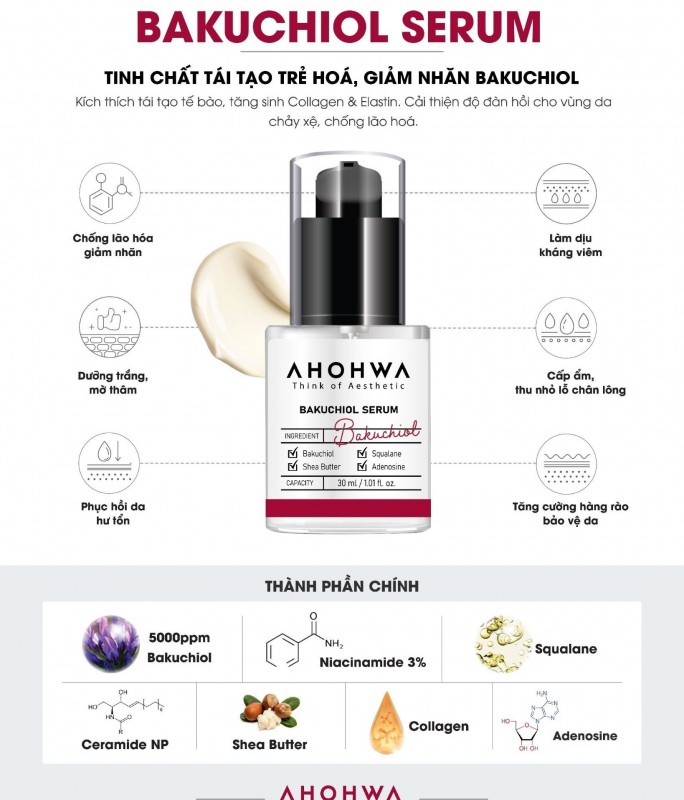 Tinh Chất Hỗ Trợ Phục Hồi, Làm Mịn Da, Giảm Nếp Nhăn Bakuchiol - Ahohwa Bakuchiol Serum 30ml