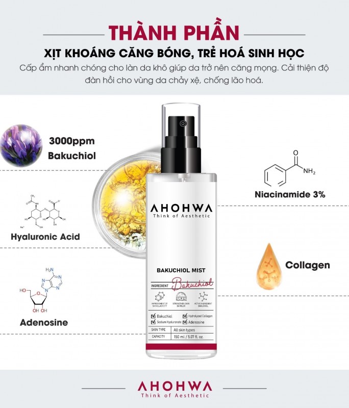 Xịt Khoáng Hỗ Trợ Dưỡng Ẩm, Làm Mịn Da, Căng Bóng Bakuchiol - Ahohwa Bakuchiol Mist 150ml