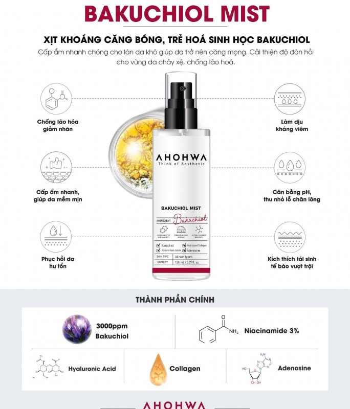 Xịt Khoáng Hỗ Trợ Dưỡng Ẩm, Làm Mịn Da, Căng Bóng Bakuchiol - Ahohwa Bakuchiol Mist 150ml