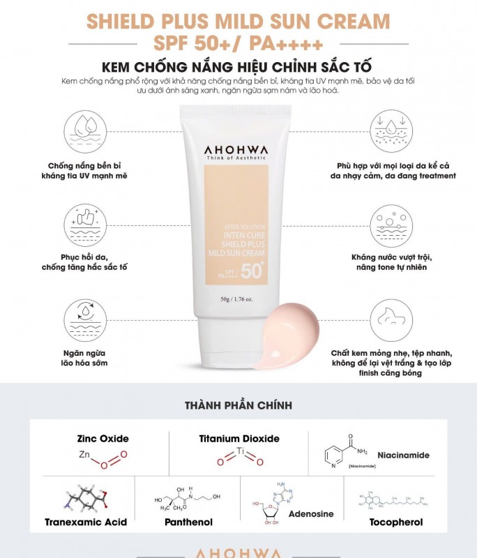 Kem Chống Nắng Hỗ Trợ Bảo Vệ Da, Hiệu Chỉnh Sắc Tố - X5 Bảo Vệ - Ahohwa SPF 50+/PA++++ Inter Cure Shield Plus Mild Sun Cream 50g