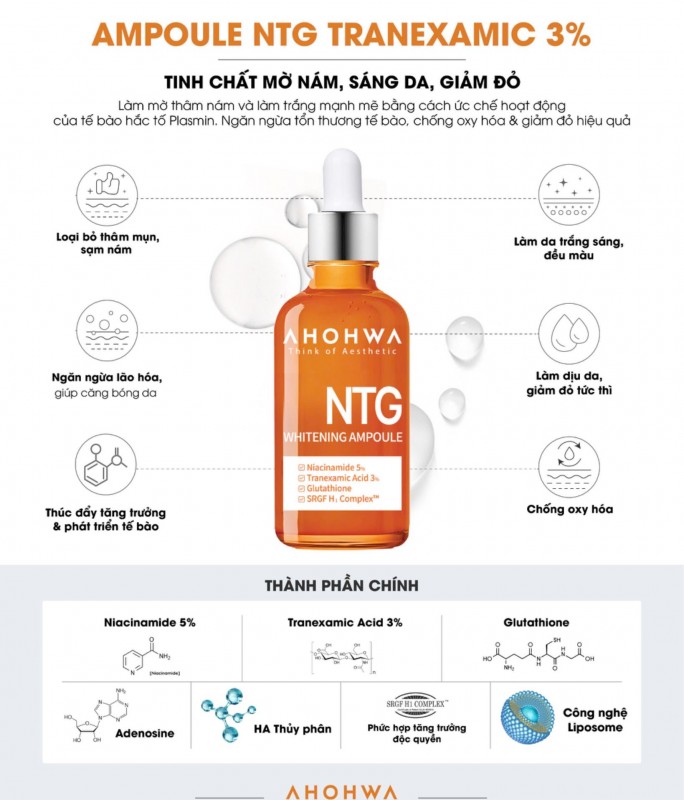 Tinh Chất Hỗ Trợ Làm Sáng Da, Giảm Đỏ, Cân Bằng Sắc Tố - Ahohwa NTG Whitening Ampoule 50ml