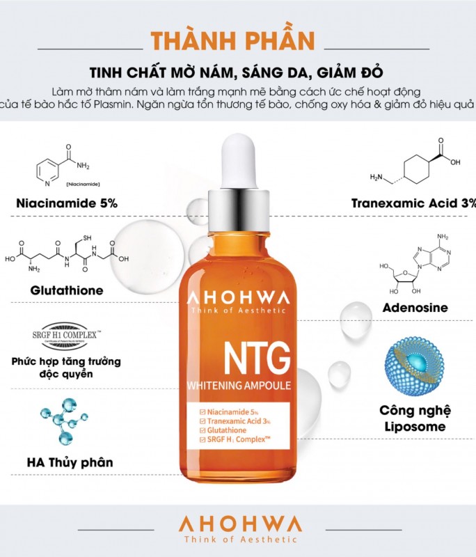 Tinh Chất Hỗ Trợ Làm Sáng Da, Giảm Đỏ, Cân Bằng Sắc Tố - Ahohwa NTG Whitening Ampoule 50ml