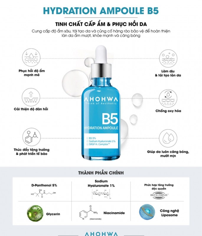 Tinh Chất B5 Hỗ Trợ Cấp Ẩm Và Chăm Sóc Da Khỏe Mạnh - Ahohwa Hydration Ampoule B5 50ml