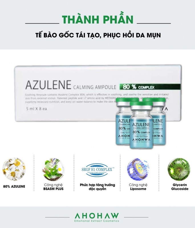 Tế Bào Gốc Hỗ Trợ Làm Dịu, Chăm Sóc Da Mụn, Phục Hồi Da - Ahohwa Azulene Calming Ampoule - Hộp 8 Lọ x 5ml
