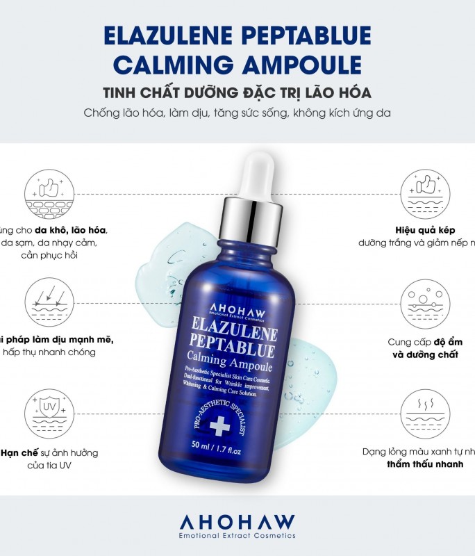 Tinh Chất Phục Hồi, Trẻ Hoá Tế Bào Sinh Học - Ahohwa Elazulene Peptablue Calming Ampoule 50ml